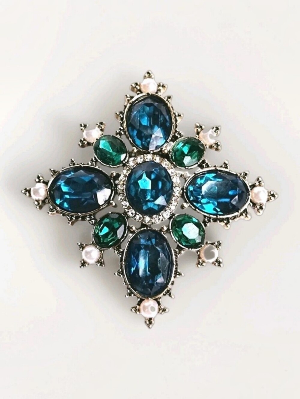 Anne Klein Blue Green Rhinestone Pearl Brooch Maltese Cross Vintage Style Pin